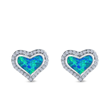 Halo Heart Stud Earrings Lab Created Blue Opal Simulated CZ 925 Sterling Silver(12mm)